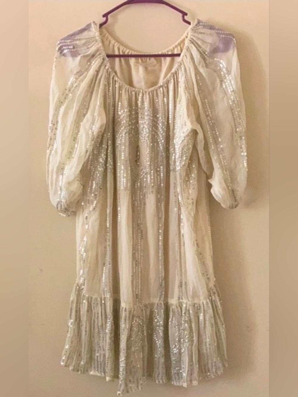 Carolina K Ivory Sequin Babydoll Dress off the shoulder